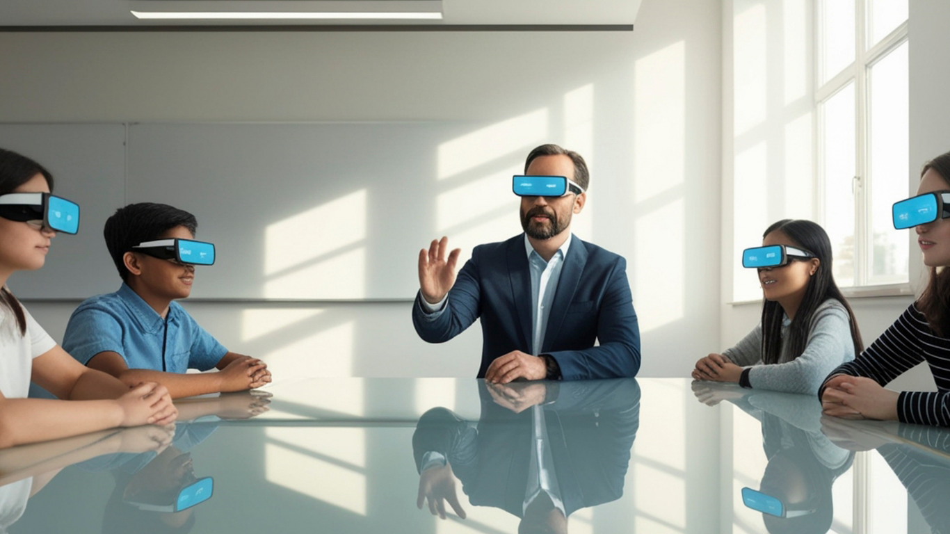 Team wearing futuristic VR headsets in a classroom